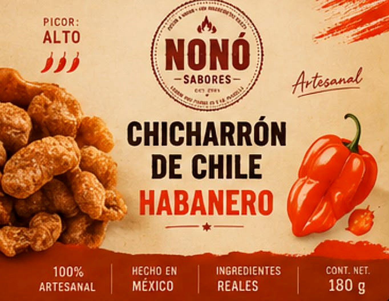Empaque de Chicharrón de Chile Habanero NONÓ Sabores